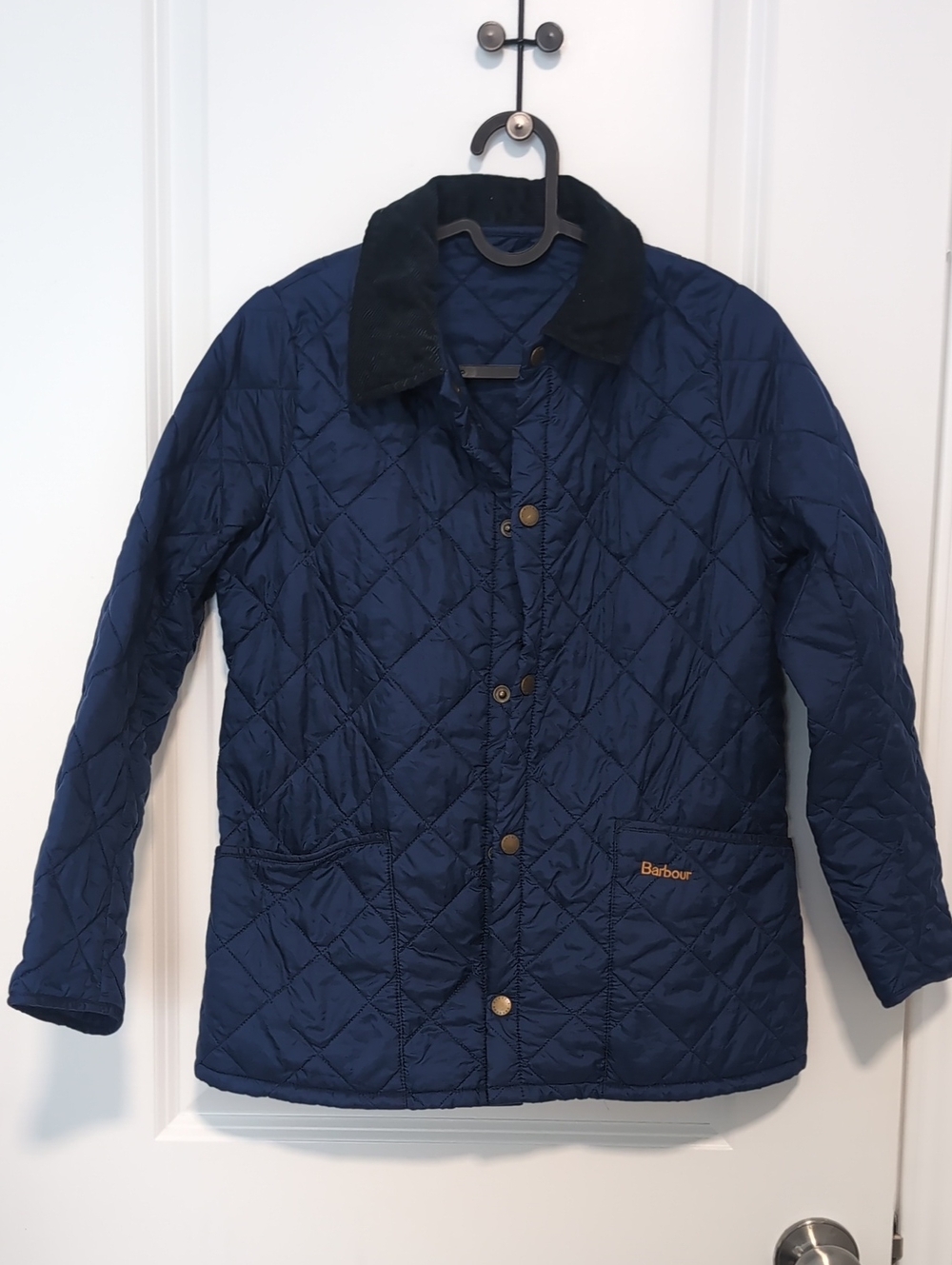 Barbour Navy Quilted Puffer Jacket with Black Corduroy Collar